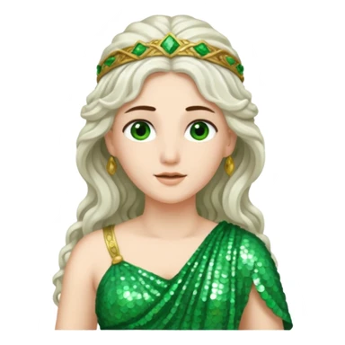 Juno, Goddess of Marriage from Roman Deities with long white brunette wavy hair, green sequin toga sticker