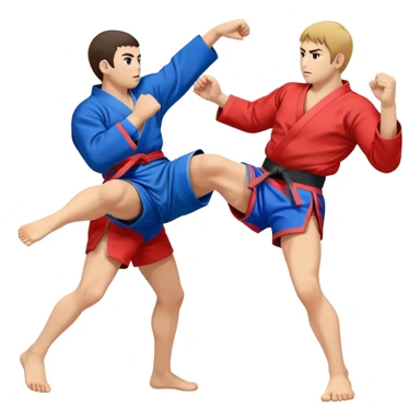 An icon symbolizing Sambo, featuring two fighters in blue and red kimonos with shorts and wrestling shoes. One executes a powerful throw, while the other attempts a defensive grab. The fighters are engaged in a grapple, using joint locks and sweeps.  sticker