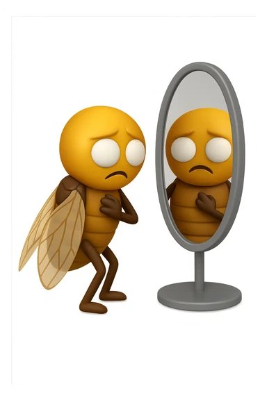 EMOJI STILE IPHONE 3D DI una cicala troste che si guarda allo specchio insoddisfatta del suo fisico, fagli gli occhi bianchi , non solo la pupilla sticker