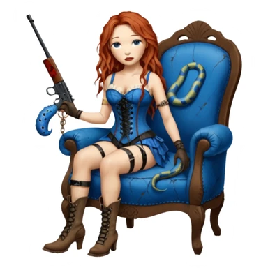 realistic cinematic Tori Amos sits on a rocking chair in a torn corset, holding an antique rifle and her bare feet are muddy. A blue snake is wrapped around the chair. sticker