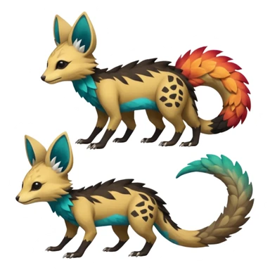 Rare realistic exotic edgy epic pretty beautiful handsome gorgeous aesthetic colorful vibrant Vernid-Trico-species-Fakemon-creature by LiLaiRa, 4 legs, 1 tail, random markings, tufted ears, (full body) sticker
