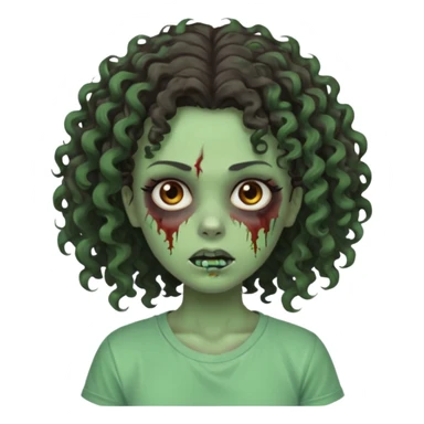 zombie girl with curly hair n brown eyes, dark and long hair 3a with wavy scalp, just a tshirt sticker