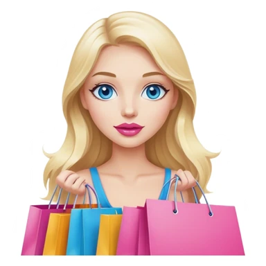 Cinematic realistic blonde with long hair, blue eyes and pink lips holds shopping bags in her hands sticker