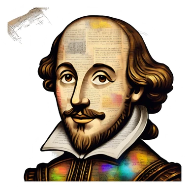 Shakespeare made of newspaper cuttings wearing flowers, stained glass, fairy lights, bokeh, annotated sketch, handwritten letters, collage of intricate patterns, lantern, bokeh, blur sticker