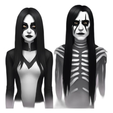 a man with long black hair and a woman with long black hair and bangs both wearing corpse paint sticker