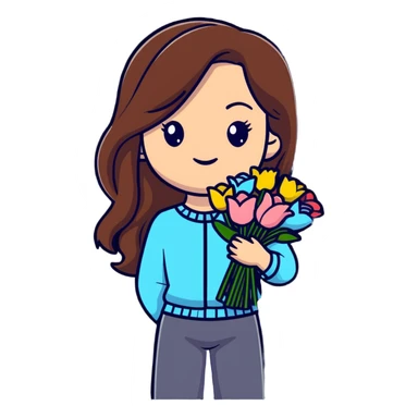 cool girl with long brown hair holding a bouquet of flowers, trendy outfit, stylish sticker