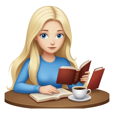 Cinematic realistic blonde with long hair and blue eyes, sitting reading a book, coffee is on the table next to her sticker
