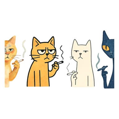 cat holding a cigarette, various artistic styles, creative and stylized illustration sticker