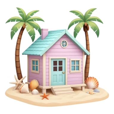 cute beach house, small seaside house, wooden walls, pastel colors, palm trees, seashells, warm sunlight, 3D cartoon, mobile game icon style, soft shadows, clean background, no text, no watermark
 sticker
