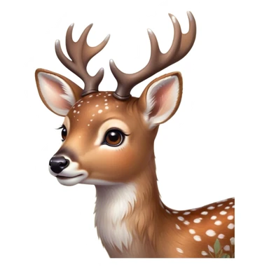 Cinematic Cute Deer Portrait Emoji, Head tilted playfully and inquisitively, showcasing a delicate Fur speckled with subtle white spots and gentle earth tones, round, sparkling eyes filled with curious wonder, Simplified yet irresistibly adorable features, highly detailed, glowing with a warm, friendly glow, high shine, affectionate and graceful, stylized with a touch of woodland whimsy, bright and endearing, soft glowing outline, capturing the essence of a mischievous yet loving fawn, so playful it feels like it could skip out of the screen into your arms! sticker
