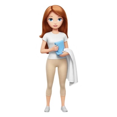 A Barbie girl with blue eyes, shoulder-length reddish-brown hair, made-up, wearing a white T-shirt and beige leggings, holding a towel in her hands sticker