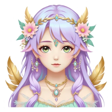 Beautiful gorgeous anime lady with beautiful pastel-special-hair, fashion aesthetic, ethereal, fairycore, pastelcore, feather, flower, crystals, accessories, gold jewelries, gold, colorful, gold laurel, gold halo, sticker