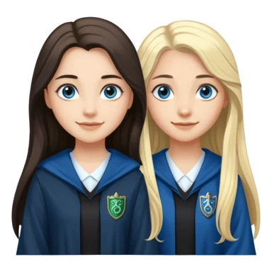 a pretty ravenclaw girl with long dark brown hair and blue eyes standing with a pretty Slytherin girl with long blonde hair, blue eyes sticker