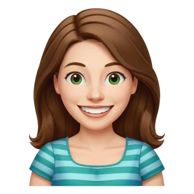 40 yr Caucasian woman, long brown hair parted on side, white stripe in hair, blue green dress ,big smile, white teeth, dimples sticker