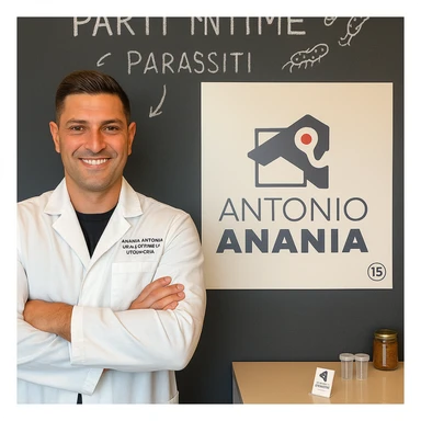 Modify the scene by writing clearly 'parti intime' in Italian on the blackboard behind the doctor. Indicate the presence of parasites with arrows or stylized drawings. Keep the doctor's face similar to the person in the photo, in a realistic, educational, and respectful style. sticker