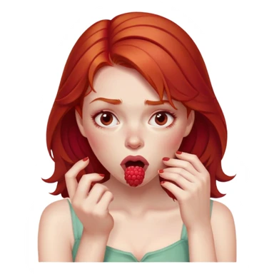 redhead girl with a displeased face eating raspberries sticker
