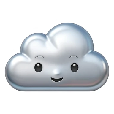 A cute cloud emoji made of silver chrome, smooth rounded shape, glossy metallic surface, soft reflections, minimal and friendly design, iOS emoji style, centered, clean white background, soft lighting sticker