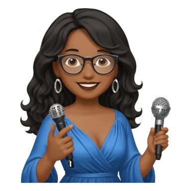 singer, Middle age, long wavy black hair, brown skin, wearing dress, holding mic, glasses sticker
