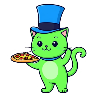 Green cat with blue top hat eating pizza  sticker