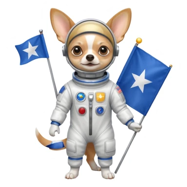 a chihuahua in space suit, holding blue rectangle flag, full body, front view sticker