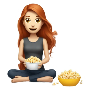 A redhead lady with long hair eating popcorn sitting down watching a robot vacuum  sticker