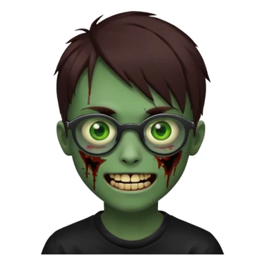 Zombie emo boy, green skin and brown hair and eyes, black glasses and a scary cut open smile, scars and blood under eyes sticker