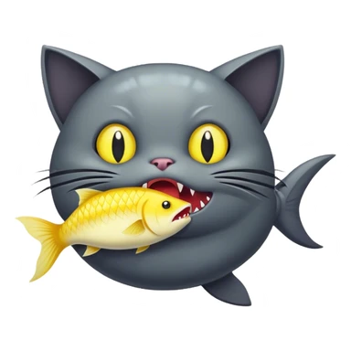 Dark grey evil cat eating a giant yellow fish, make the fish be in his mouth sticker