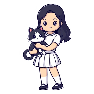 A beautiful girl with long black hair wearing a white skirt holds a cute white cat in her arms sticker
