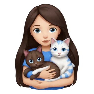 a pretty girl with long dark 
brown hair, with blue eyes, hugs 3 different natural coloured small cats sticker