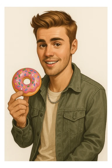 realistic cartoon style illustration of Justin Bieber holding a donut sticker
