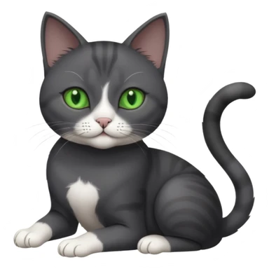beautiful female solid dark grey cat with green eyes, white toes/paws and white patch on her chest playing sticker