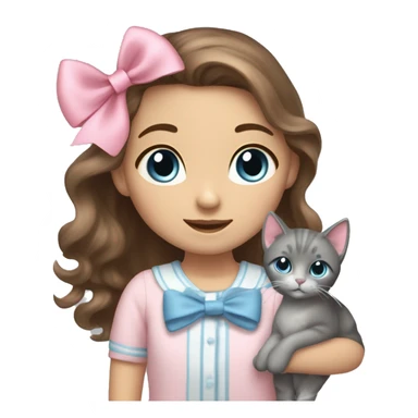 A Girl with long wavy brown hair, with grey-blue eyes, has a light pink bow on hair, and coquette clothes. She is holding a grey cat, which has a pink bow too. sticker
