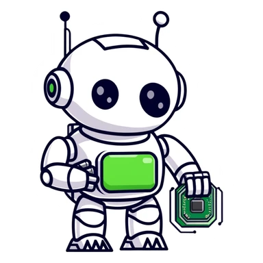 Robot holding an AI processor chip with digital circuits sticker
