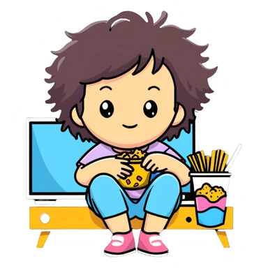 lazy girl with messy hair, TV and snacks, relaxed pose sticker