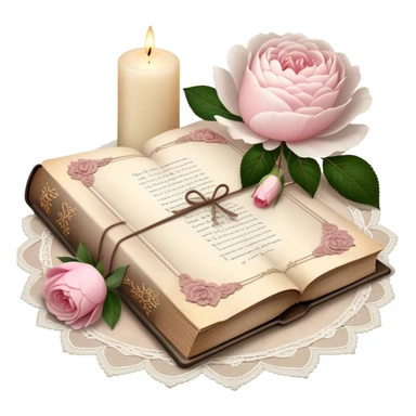 A beautifully aged book of poetry, open beside a softly glowing candle, with scattered blush pink rose petals and white peony blossoms decorating the vintage lace-covered surface.
 sticker