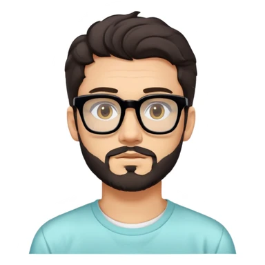 young adult man with light skin, short beard, dark wavy hair, relaxed expression, very wide rectangular glasses with thick black acetate frame and thick double bridge, retro oversized style, colorful open shirt and white t-shirt sticker