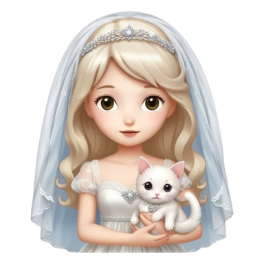 Very dreamy-beautiful-fashionable and elegant-wearing a wedding dress-with a veil-woman-holding a kitten-shiny-ladylike-soft style-kawaii-beautiful-hair-fairy style- sticker