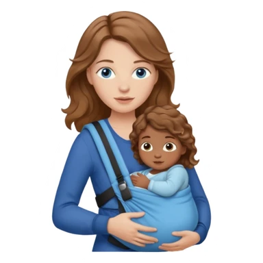 Caucasians light brown wavy haired woman with brown skinned bay in carrier. Mom has blue eyes and just one baby sticker