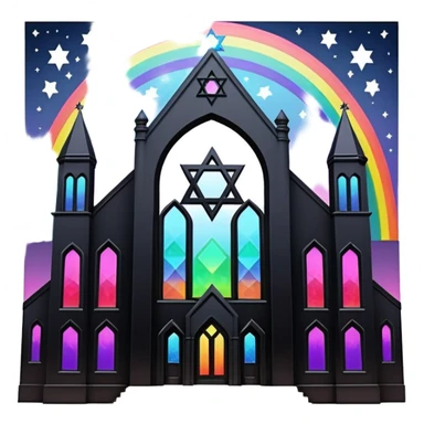 jewish synagogue temple in dark goth aesthetic style with black building and rainbow tint glass windows and star of david and celestial symbolism of peace and acceptance  sticker