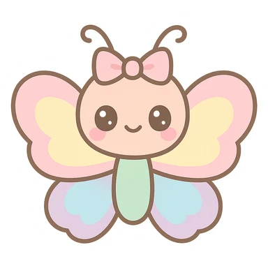 kawaii butterfly with a bow on its head, pastel rainbow wings, sweet and friendly expression sticker
