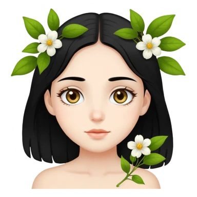 A fair-skinned girl with black hair, healthy and full of “flowering” vibes. Her eyes are wide and hazel-colored. sticker