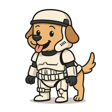 dog dressed as a Star Wars stormtrooper, full costume, cute and playful, cartoon style sticker