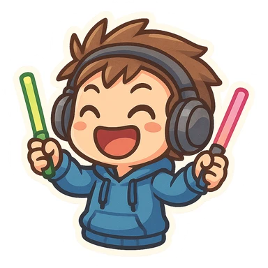 cartoon rave DJ with headphones glowsticks big smile capturing happy hardcore vibe sticker