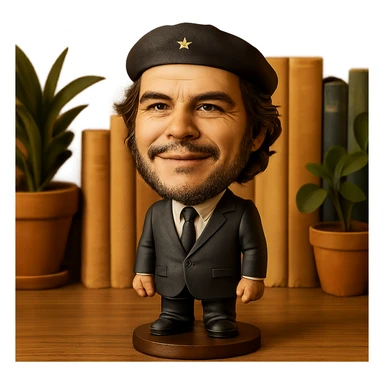 statuette of Che Guevara in a suit and tie, big head, confident smile sticker