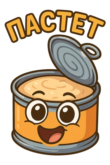 Funny chibi open pâté tin can, lid flipped open, creamy pâté visible, goofy smiling face, exaggerated big eyes, playful cartoon emoji style, thick outline, bright colors, Twitch chat emote, text "ПАСТЕТ" in Cyrillic abovee sticker