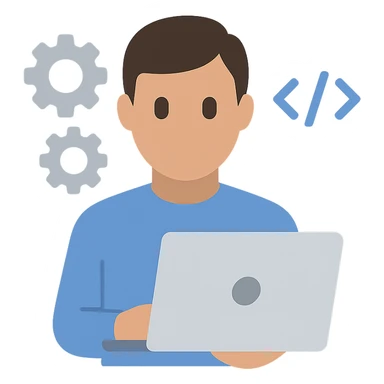icon of a software engineer holding a laptop, surrounded by gears and code brackets, flat color style sticker