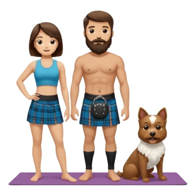 emoji of brunette man with beard wearing kilt, brunette woman in yoga outfit and one white fluffy dog sticker