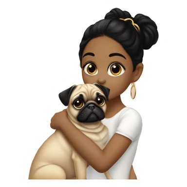 A young girl with long lashes  morena with black hair and small gold hoops  kissing her small pug  sticker