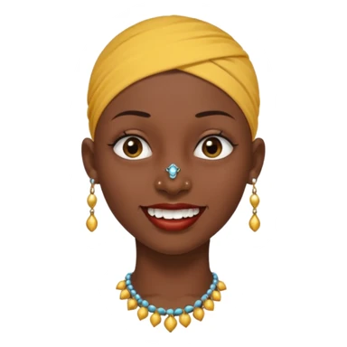 Make a emoji of a person with dark skin and has a nose ring and has a bunch of small earrings and a big earring and who has a gap between her two front teeth and with no hair sticker