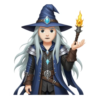 wizard with long hair, heavy metal aesthetic, leather clothes, dark magic sticker